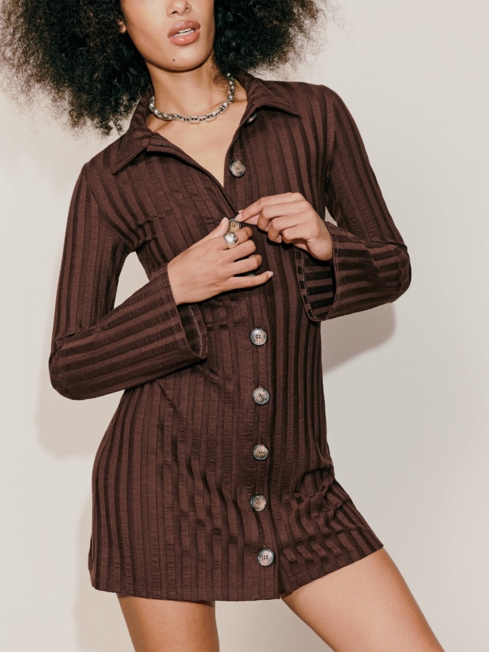 Reformation Benton Ribbed Stretch Mini Shirt Dress